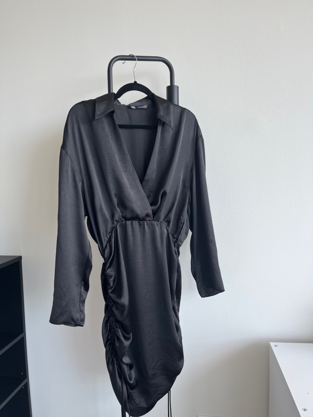 Zara Satin V-Neck Long Sleeve Mini Dress in Black with Rouching